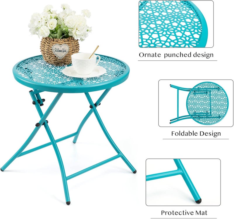 TeoKJ Folding Outdoor Side Tables, Anti Rust Small Patio Table Round Metal Nightstand with Flower Cutouts for Porch Yard Balcony Deck Lawn, Blue - Image 5